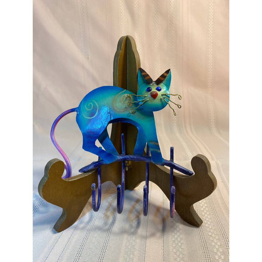 Meow Meow Whimsical Cat Key Holder Rack 4 Hooks All metal bright colors EUC